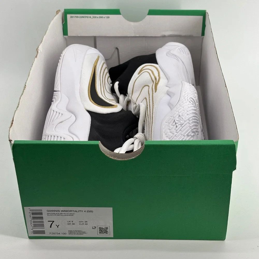 Nike Giannis Immortality 4 GS 7Y White Black Gold FZ6734-100 New Basketball Shoe